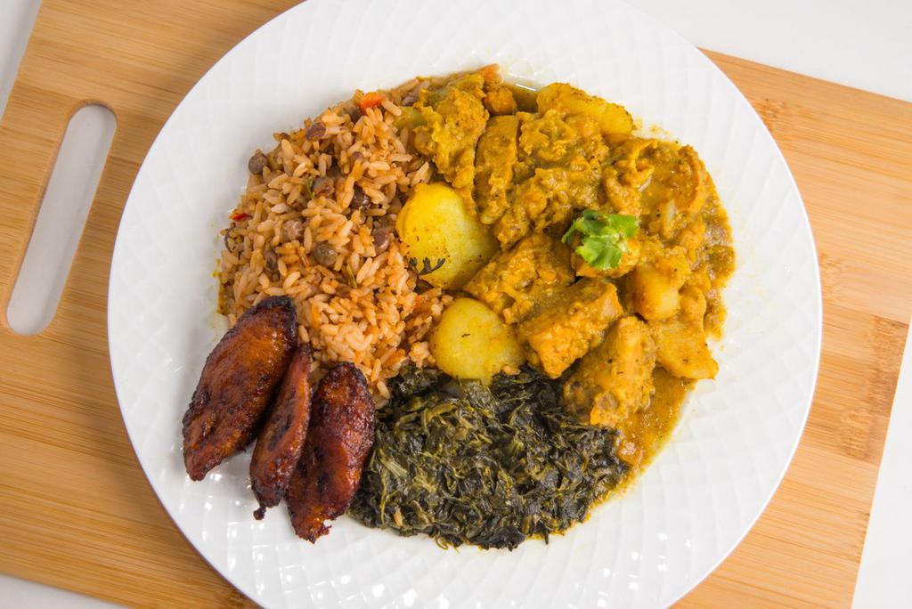 Curry Tofu Platter (Vegan) · Tofu in a curry sauce of chickpeas and potatoes with your choice rice and veggies.  Platter comes with plantains (5). 

Your choice: 
Basmati (white) rice or peas and rice
Stewed Spinach or stewed cabbage