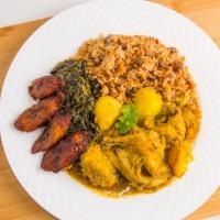Curry Chicken Platter · Chicken in a curry sauce of chickpeas and potatoes with your choice of rice and veggies.  Pl...