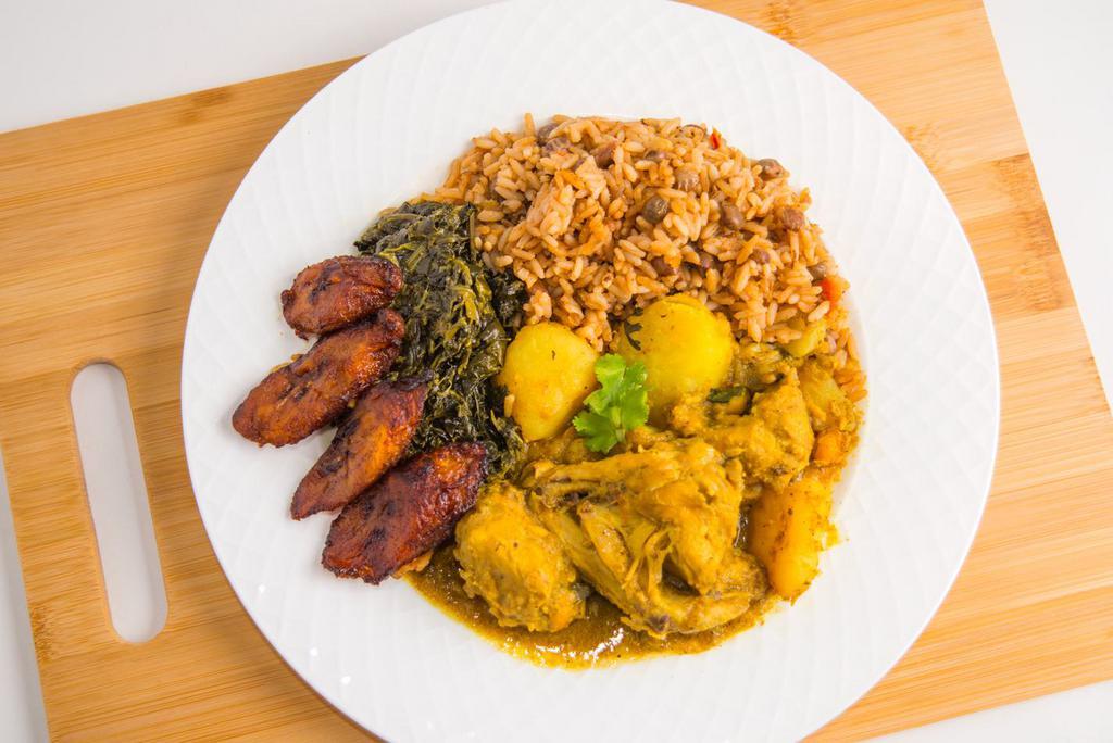Curry Chicken Platter · Chicken in a curry sauce of chickpeas and potatoes with your choice of rice and veggies.  Platter comes with plantains (5). 

Your choice: 
Basmati (white) rice or peas and rice
Stewed Spinach or stewed cabbage