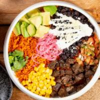 Mexican bowl · Rice or kale salad, pico de gallo, corn, black beans, crema fresca, queso fresca.