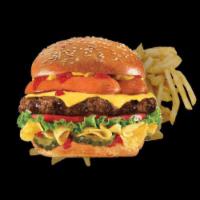 Royal Burger Combo · Ground beef patty, hot dog caramelized mushroom 4 cheese mexican, chips tomato, pickles, let...