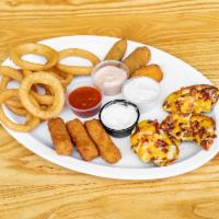 Sampler · 3 pieces jalapeno poppers, 3 pieces cheese sticks, 3 pieces potato skins and onion rings.