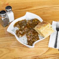 Crawfish Etouffee · While supplies last. Served with rice, cheddar jalapeno cornbread and coleslaw.