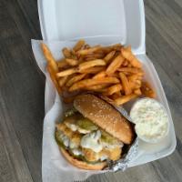 Signature Double Fish Sandwich and Fries Combo · Double Fish Sandwich, 9 ounces of catfish fillet, tartar sauce, salty pickles, on our specia...