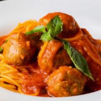 Spaghetti and Meatballs Lunch  · Spaghetti with beef meatballs in a light tomato sauce.
