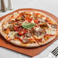 Beef Sausage Pizza · Sausage, peppers, onions, fresh mozzarella, tomato sauce.