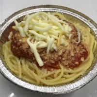 Pollo Parmesana Spaghetti · Chicken Parmesan.