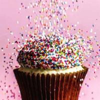 Birthday Cake Cupcake · Vanilla cupcake topped with vanilla buttercream and sprinkles!