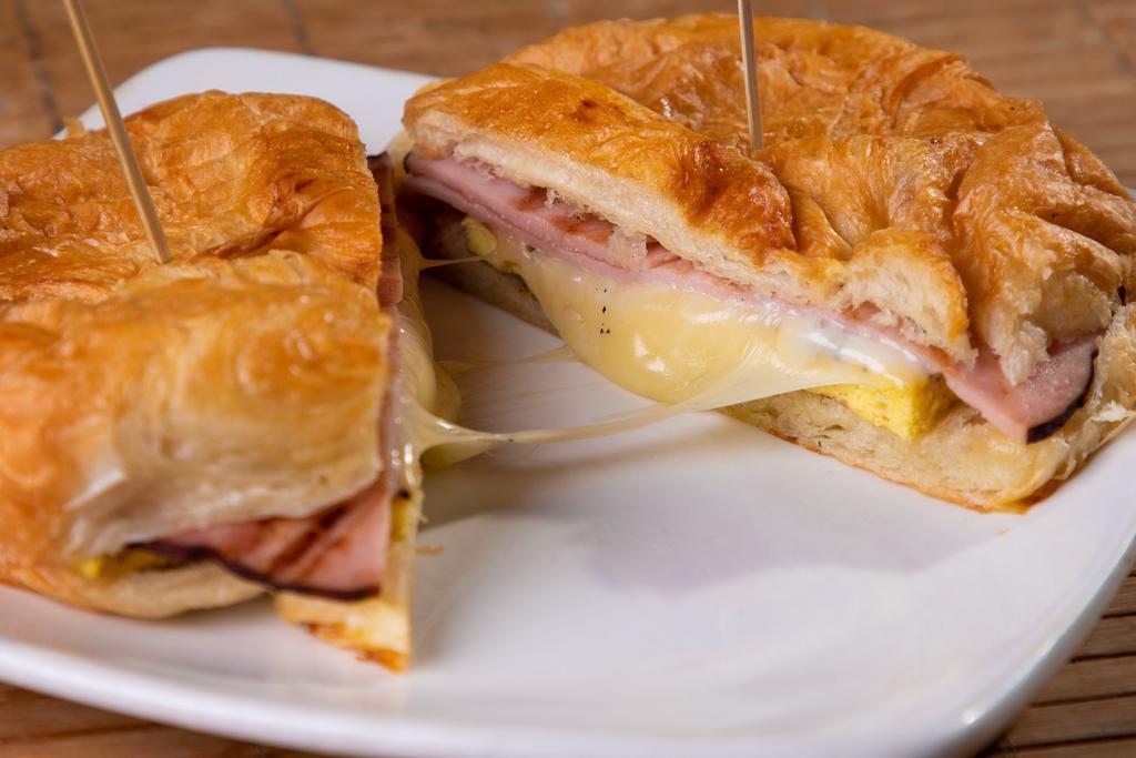 Jack in The Sant Breakfast Sandwich · Egg, Black Forest ham and Monterrey Jack cheese, served on a buttery croissant.