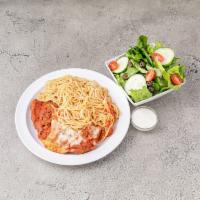 Chicken Parmesan · Freshly breaded chicken topped with homemade marinara sauce, mozzarella and Romano cheeses a...