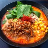 Spicy Lime Chili Beef Ramen · OG pork broth with lime chili, spinach, bean sprouts, sweet corn with sukiyaki beef.