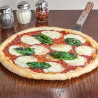 Margherita Pizza · Olive Oil, Fresh Garlic, Fresh Mozzarella, Fresh Basil.