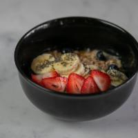 Overnight Oatmeal · Honey caramelized walnuts, chia seeds, almond butter, banana, blueberries, strawberries, cho...