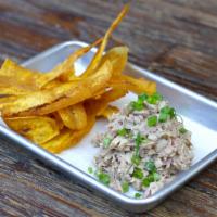 Smoked Palmito Dip · Smoked heart of palms, soy, sesame oil, pickled onions, plantain chips

