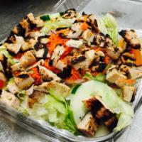 Chicken Breast Salad · Grilled chicken breast, iceberg lettuce, red onion, cucumber, tomato, carrot and choice of d...