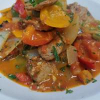 Italian Sausage and Peppers · With tri-color peppers, onions, garlic, white wine and a touch of tomato sauce.
