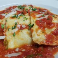 Ravioli · HOMEMADE! Stuffed with meat
or cheese and served with marinara sauce.