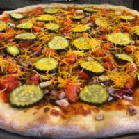 The Garage Pizza · Ground beef, tomato, red onions and pickles.