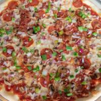 Game Day Pie Pizza · Pepperoni, bacon, bell peppers, red onions and mushrooms.