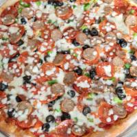 18 Wheeler Pizza · Pepperoni, sausage, tomatoes, red onions, bell peppers, mushrooms, black olives and extra ch...