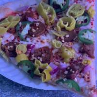 Vegan Inferno  · Vegan Cheese, Vegan sausage, garlic, peperoncini, jalapeño, red onion, crushed red pepper 