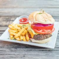 Hamburger Platter · 1/2 lb. burger with lettuce, tomato, onions on a brioche bun and served with fries.