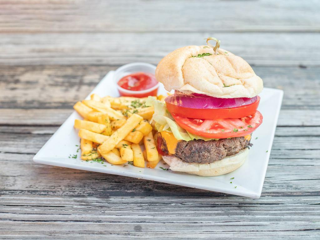 Hamburger Platter · 1/2 lb. burger with lettuce, tomato, onions on a brioche bun and served with fries.