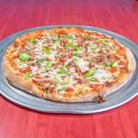 Mess Supreme Pizza · Extra cheese, pepperoni, Italian sausage, mushrooms, green peppers, onions, and bacon.