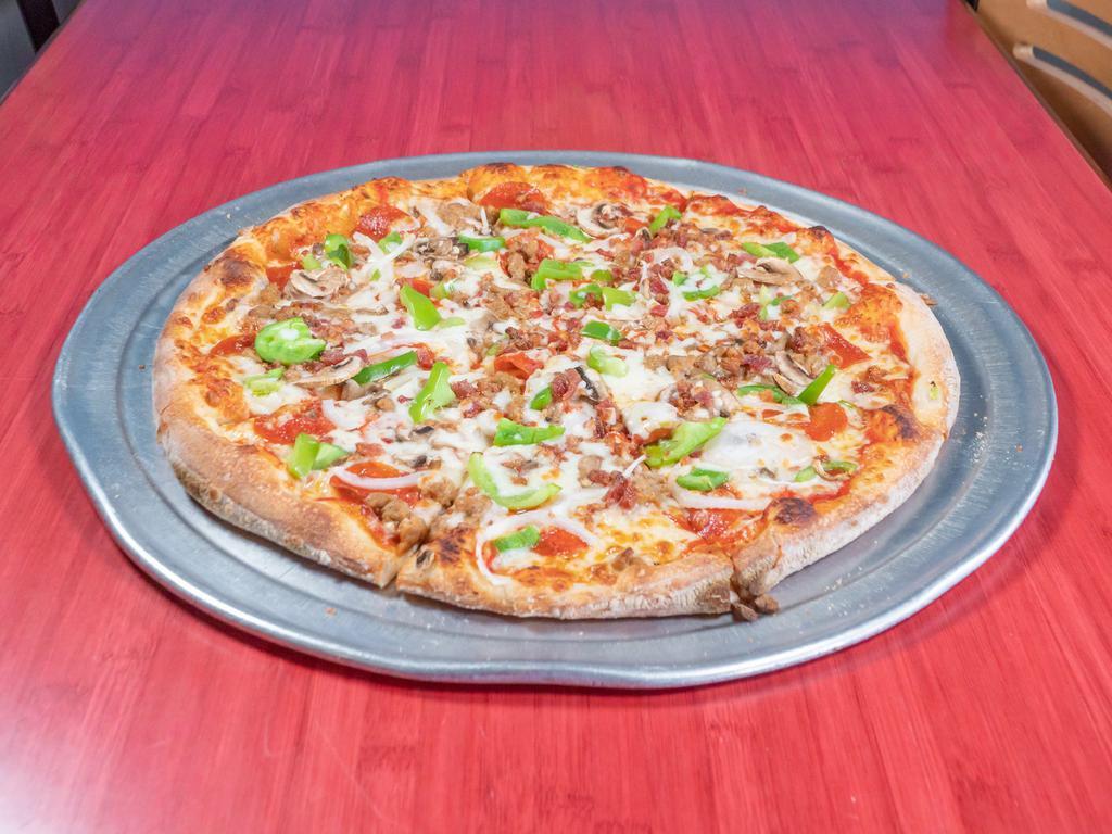 Mess Supreme Pizza · Extra cheese, pepperoni, Italian sausage, mushrooms, green peppers, onions, and bacon.