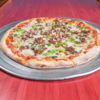 Philly Steak Pizza · Steak, green peppers, onions, and extra cheese.