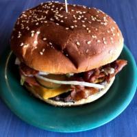 Bacon Cheeseburger · 1/2 lb. burger with American cheese, bacon, lettuce, tomato, raw onions, mayo, and pickles.