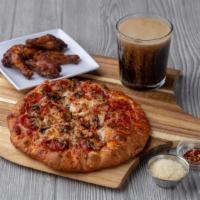 Mini 2-Toppings Pizza Special · Includes 6 wings and can soda.