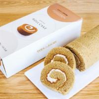 Mocha Roll Cake · Coffee flavored roll cake with coffee buttercream. Contains egg, wheat, milk, tree nut (coco...