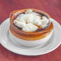 Baked French Onion Soup Lunch  · Soup that is made with stock, onions, and covered with either cheese, bread, or croutons.