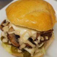 1/3 lb Mushroom Cloud Burger · jalapenos, lettuce, grilled onion & mushroom and Swiss cheese