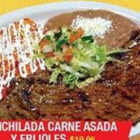 Enchiladas con Carne Asada y Frijoles · 3 cheese and onion enchiladas. Served with side of grilled beef and refried beans.