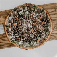 Veggie Pizza · Pesto, mushrooms, artichoke, olives, onions, spinach, chopped tomatoes, Parmesan, balsamic. ...
