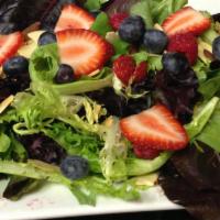 Spring Mix Salad · Walnuts, dried cranberries, sliced apples, Gorgonzola cheese topped with fat-free raspberry ...