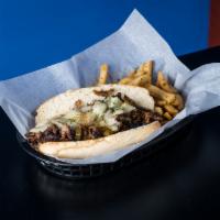 Philly Cheesesteak · Grilled onions and peppers with your choice of chicken or beef topped with cheese served on ...