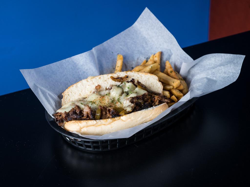 Philly Cheesesteak · Grilled onions and peppers with your choice of chicken or beef topped with cheese served on a hoagie roll.