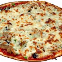 Deluxe Pizza · Sausage, pepperoni, onions, green peppers, mushrooms, black and green olives.


