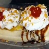 Banana Split · 3 scoops, of vanilla ice cream, banana, strawberry, chocolate, pineapple, nuts. Topped with ...