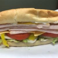 Ham sub  (serve hot or cold )  · Served with ham , mayonnaise, mustard, lettuce tomatoes, bell peppers, banana peppers, oil, ...