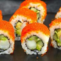 Boston Maki · Spicy white fish and cucumber topped with mixed tobiko, kani, and tempura crunch drizzled in...
