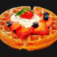 Cream’n Berries Waffles · Belgian Waffle with Whipped Cream, Fresh Strawberries & Blueberries, Blueberry and Strawberr...