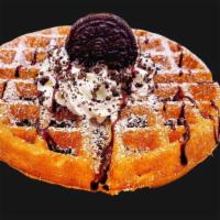 Oreo Waffle · Belgian Waffle with Whipped cream, Oreo crumbs, Oreo Cookies, Powdered Sugar, Chocolate Syrup