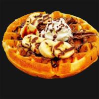 Banella Waffles · Waffle with Nutella, Bananas, Powdered Sugar and Chocolate Syrup