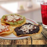 Tostadas · Sauce or beans or guacamole or meat.  Salsa or frijol or guacamole or carne.
