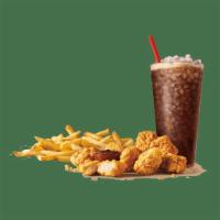 Jumbo Popcorn Chicken® combo#8 · Large popcorn chicken
Any sauce of your choice
Med fries or tots
Drink