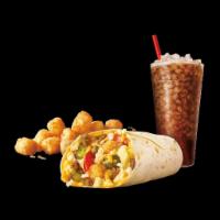 Supersonic Breakfast Burrito combo#15 · Egg,sausage,jalapeños,tomato,4tots, shredded chz,onion only burrito no drink or tots.
Med to...